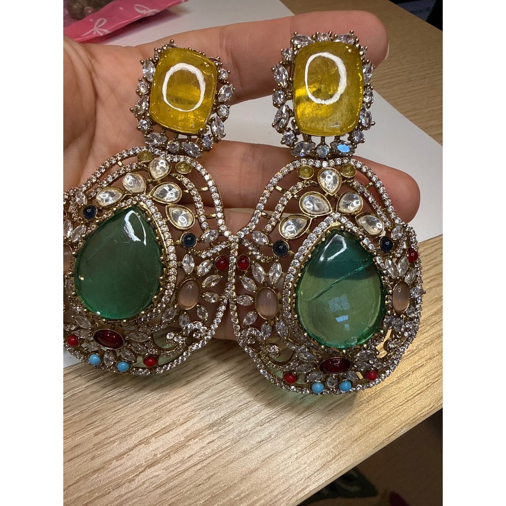 Bohemian Multi-Gemstone Statement‎ Drop Earrings Green Yellow Gold Tone Crystal